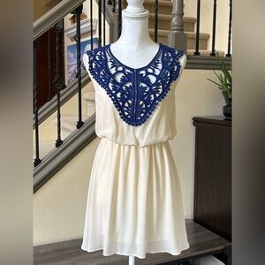 Sage Chic Flowy Cream Dress with Blue Lace Detail Size Small